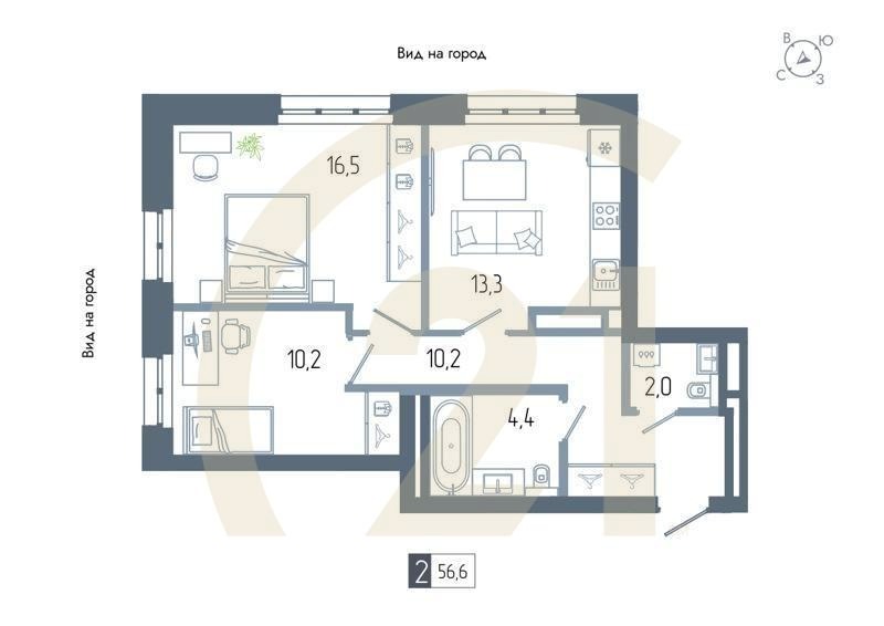 2-комн, 56.6 м², 16-22 этаж