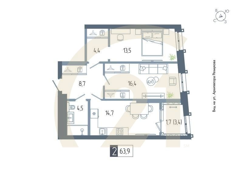 2-комн, 63.9 м², 3 этаж
