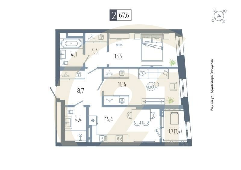 2-комн, 67.6 м², 4-9 этаж