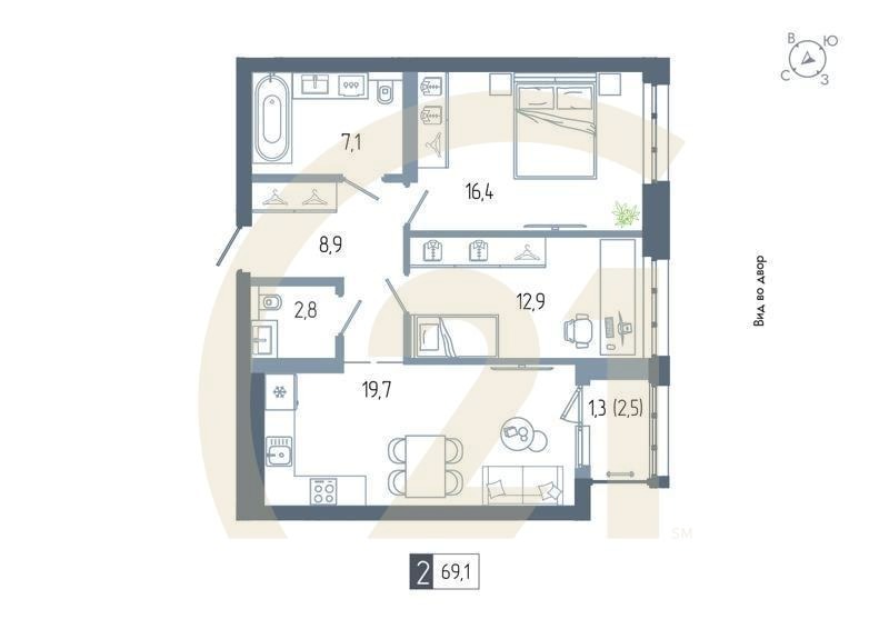 2-комн, 69.1 м², 4 этаж