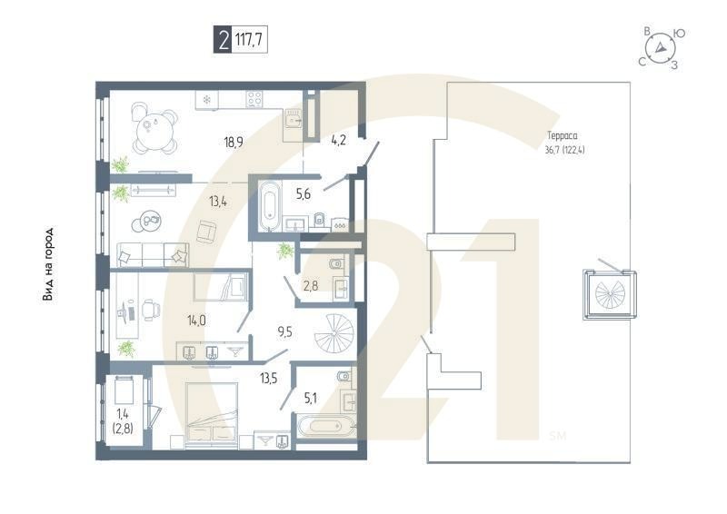 2-комн, 117.7 м², 21 этаж