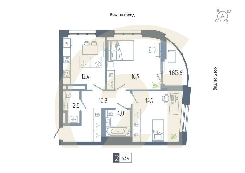2-комн, 63 м², 19 этаж