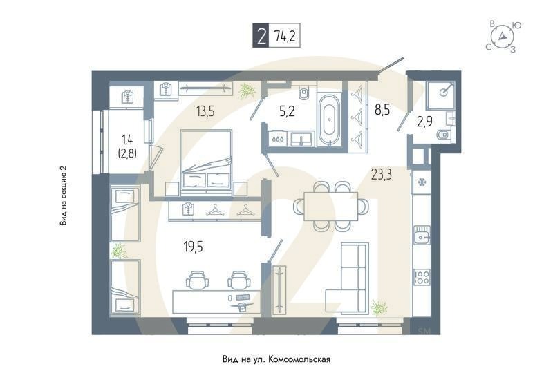 2-комн, 74.2 м², 4-12 этаж