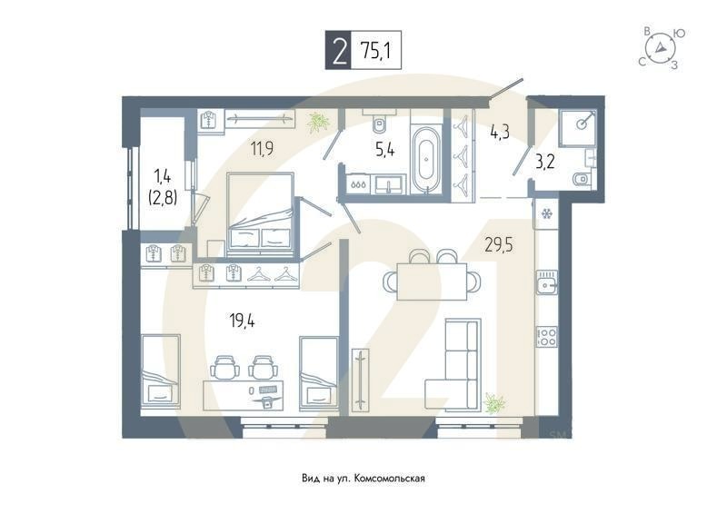 2-комн, 75.1 м², 3 этаж