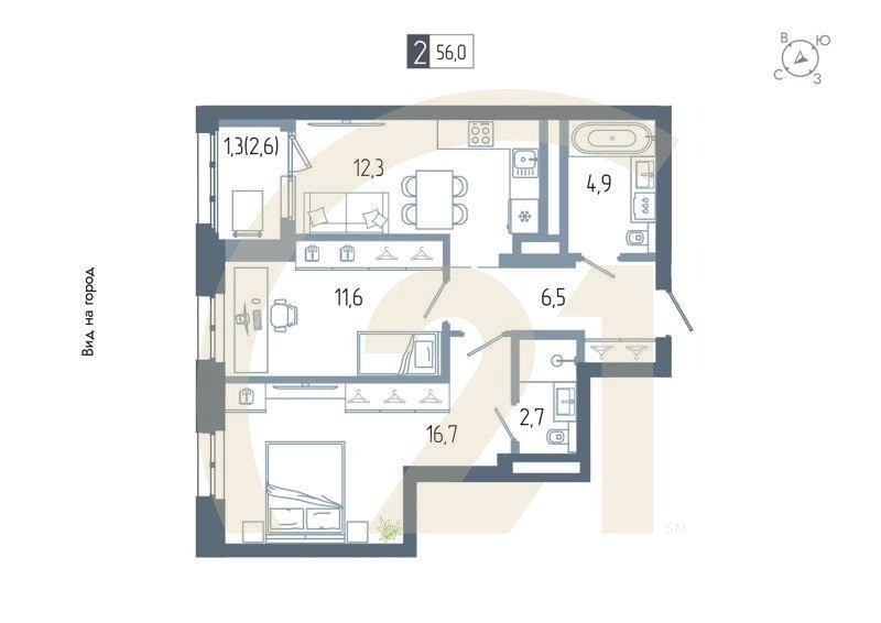 2-комн, 56 м², 16-22 этаж