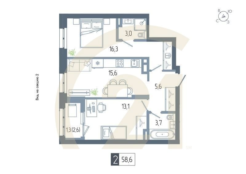 2-комн, 58.6 м², 4-9 этаж