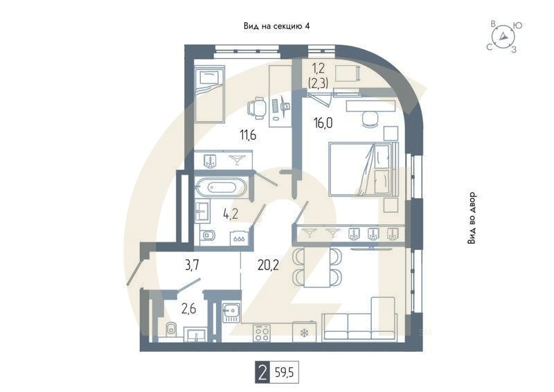 2-комн, 59.5 м², 6-12 этаж