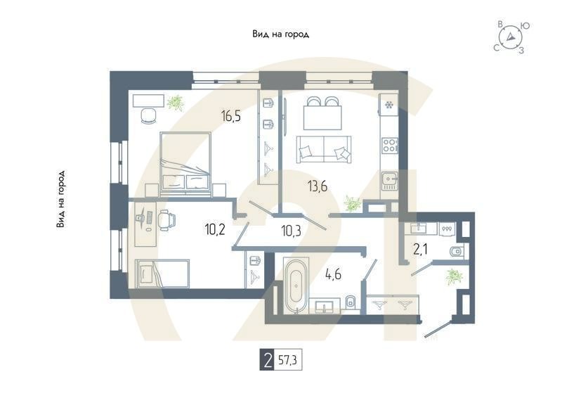 2-комн, 57.3 м², 5-15 этаж