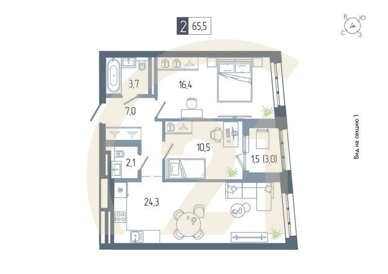 2-комн, 65.5 м², 12-17 этаж