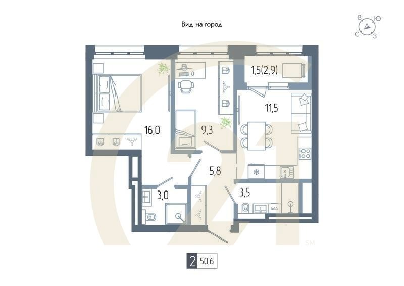 2-комн, 50.6 м², 16-22 этаж