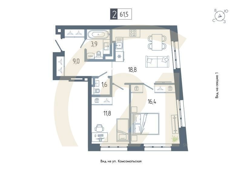 2-комн, 61.5 м², 4-16 этаж