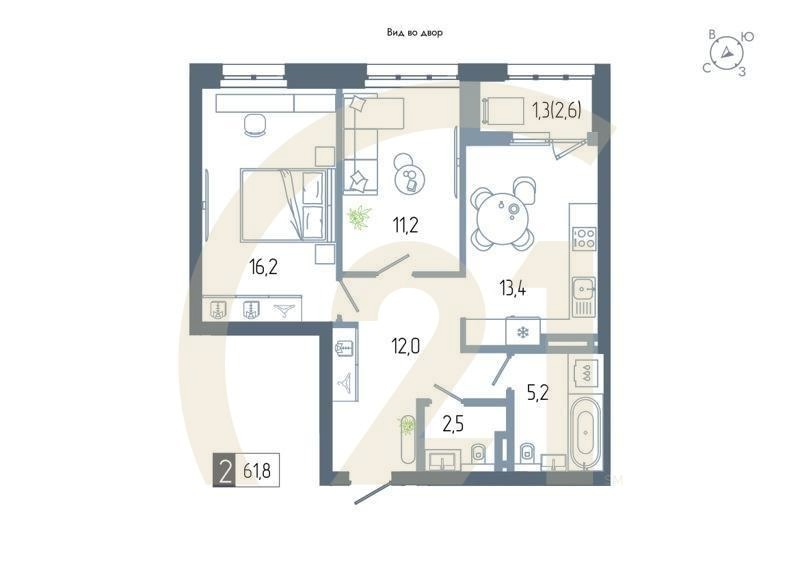 2-комн, 61.8 м², 4-11 этаж