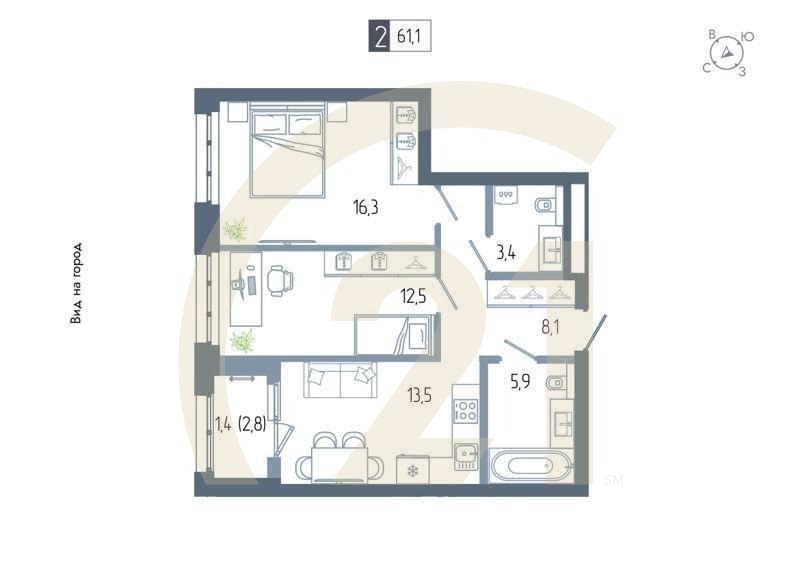 2-комн, 61.1 м², 4-16 этаж
