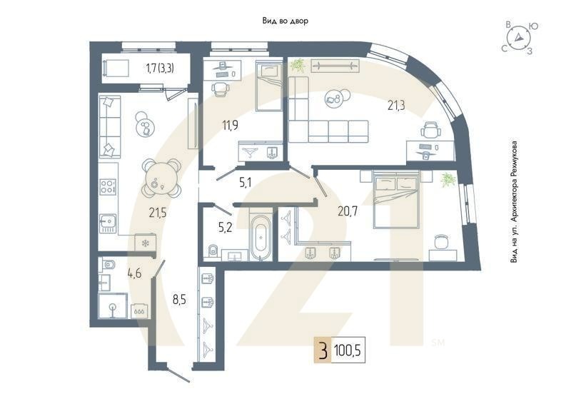 3-комн, 100.5 м², 4-12 этаж