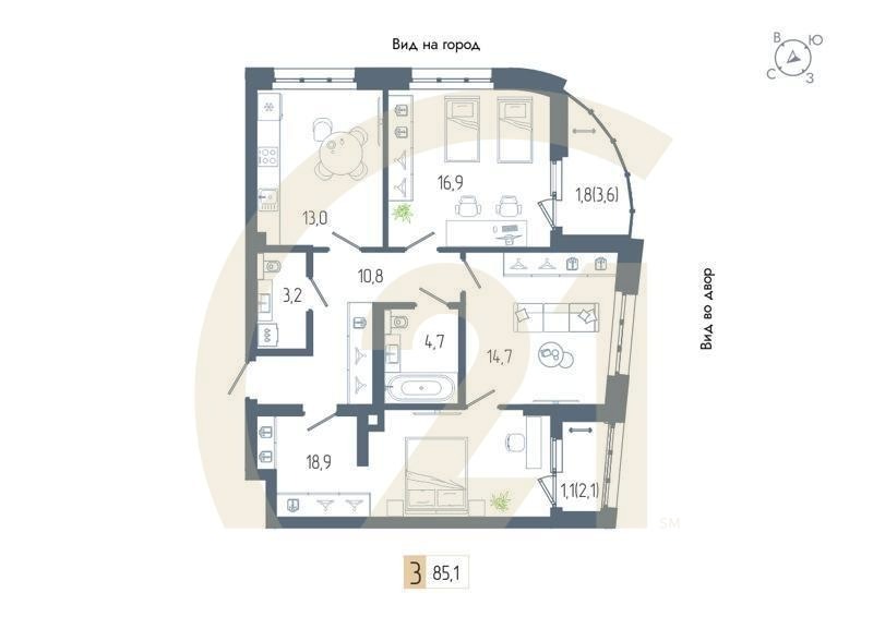 3-комн, 85.1 м², 4 этаж
