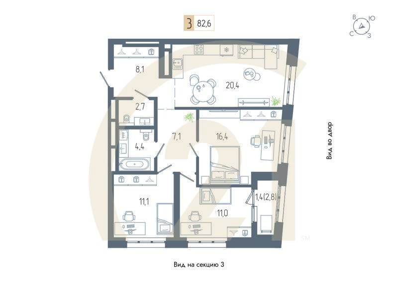 3-комн, 82.6 м², 16-22 этаж