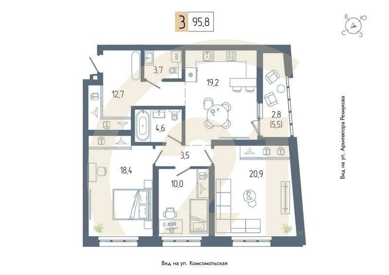 3-комн, 95.8 м², 3 этаж