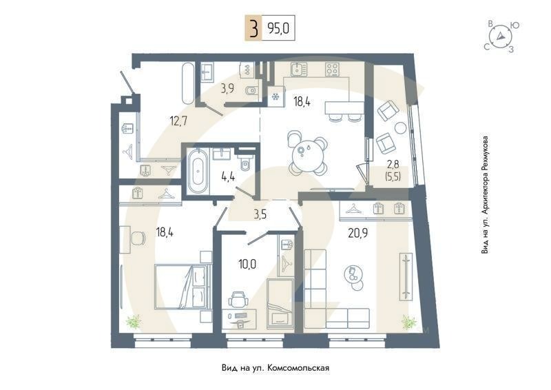3-комн, 95 м², 4-9 этаж