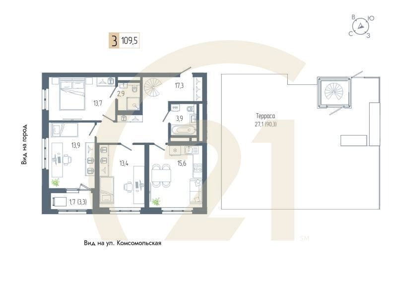 3-комн, 109.5 м², 21 этаж