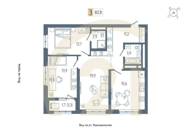 3-комн, 82.8 м², 13-20 этаж