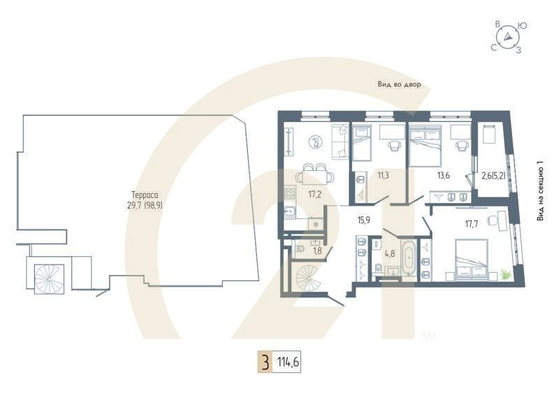 3-комн, 114.6 м², 17 этаж