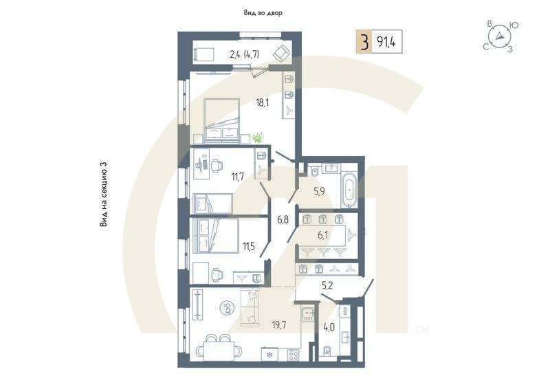 3-комн, 91.4 м², 5-11 этаж