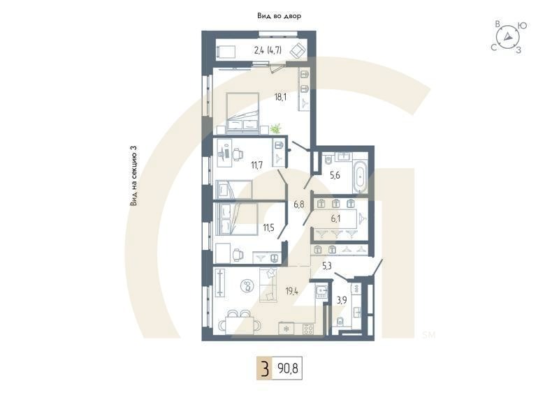 3-комн, 90.8 м², 13-16 этаж
