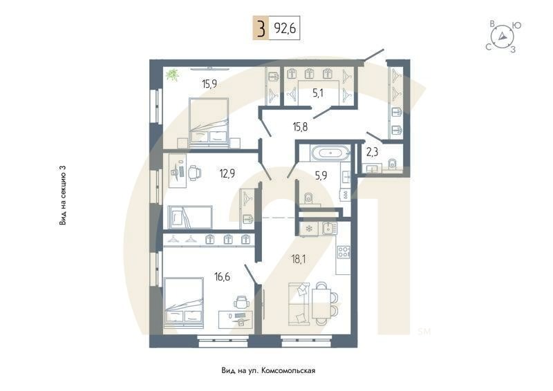 3-комн, 92.6 м², 12-17 этаж