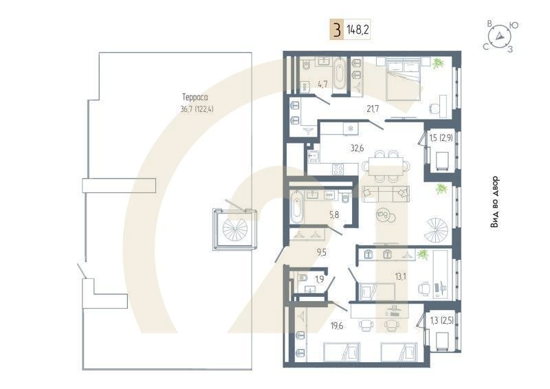 3-комн, 148.2 м², 21 этаж