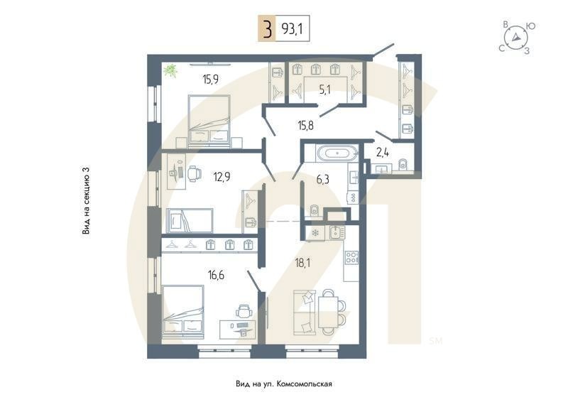 3-комн, 93.1 м², 4-11 этаж