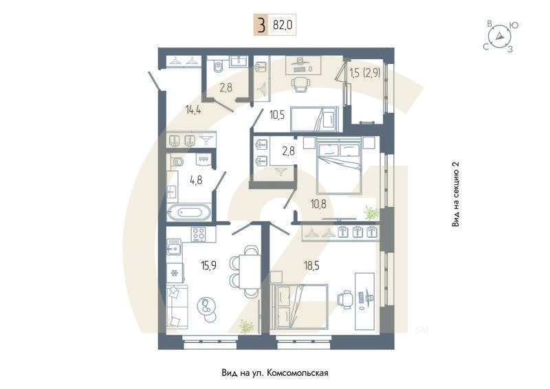 3-комн, 82 м², 4 этаж