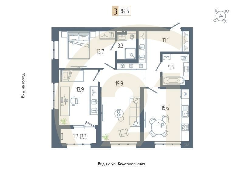 3-комн, 84.5 м², 4 этаж