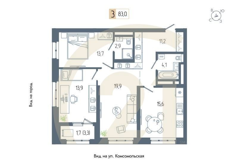 3-комн, 83 м², 5-12 этаж