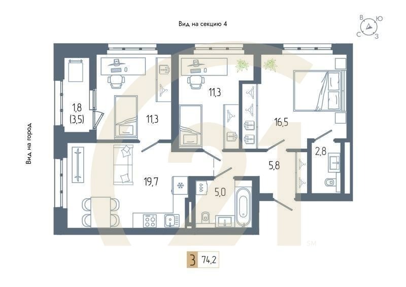 3-комн, 74.1 м², 13-20 этаж