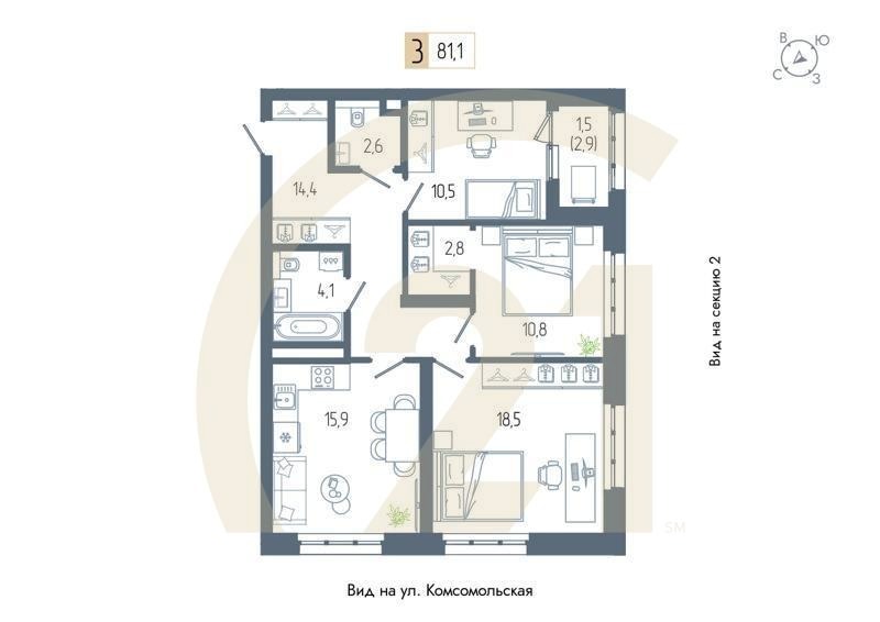 3-комн, 80.9 м², 13-20 этаж
