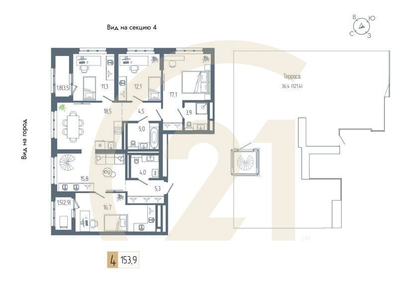 4-комн, 153.9 м², 21 этаж