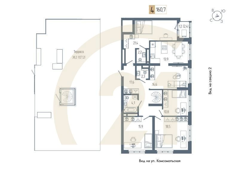 4-комн, 160.7 м², 21 этаж