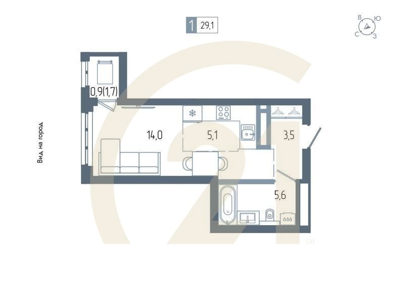 1-комн, 29.1 м², 14-20 этаж