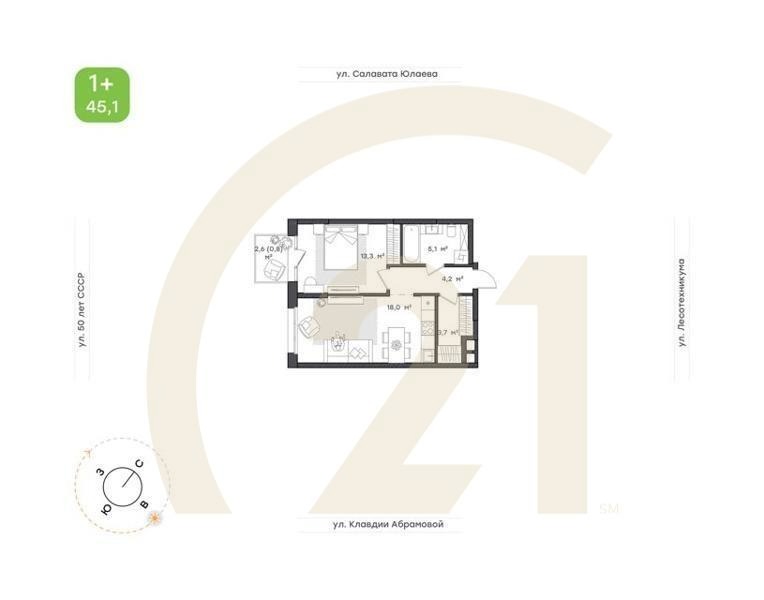 1-к. квартира, 43,9 м², 2/18 эт.