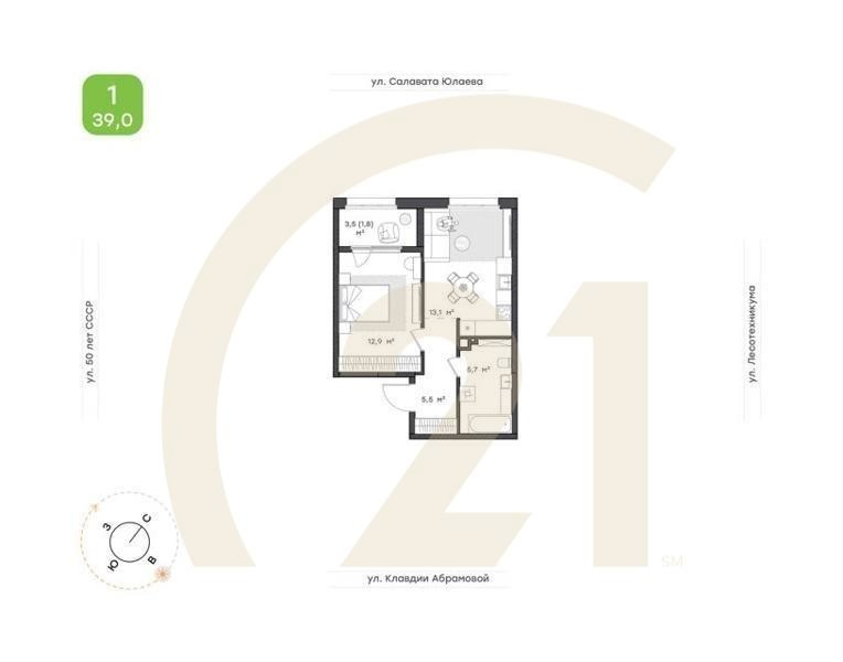 1-к. квартира, 42 м², 3/12 эт.