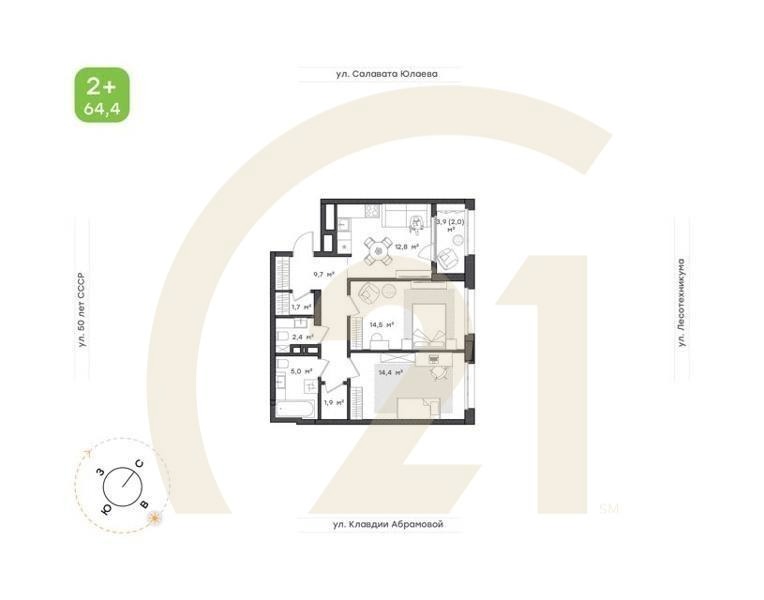 2-к. квартира, 64,4 м², 13/18 эт.