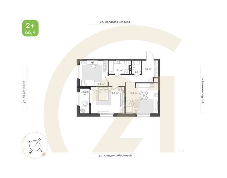 2-к. квартира, 64,4 м², 14/18 эт.