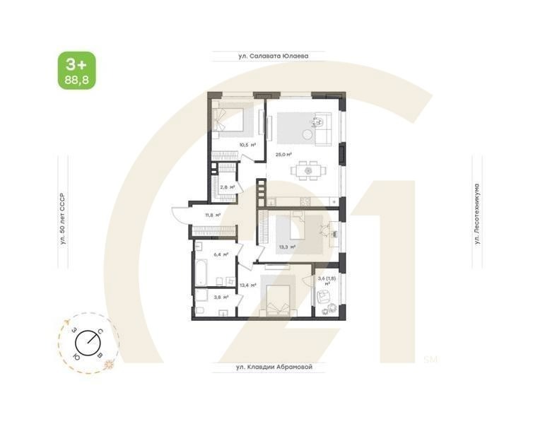 3-к. квартира, 88,9 м², 9/25 эт.