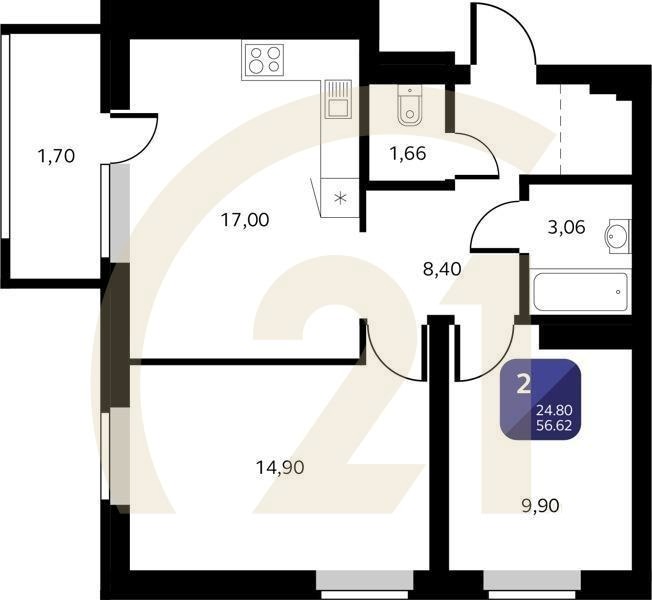2-комн, 56.62 м², 24 этаж