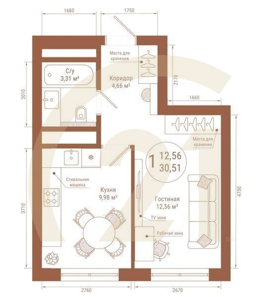 1-комн, 30.51 м², 25 этаж