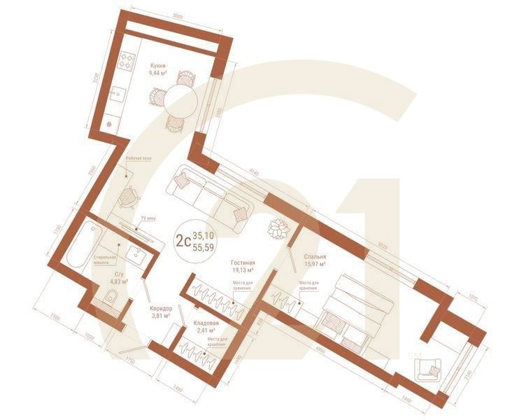 2-комн, 55.59 м², 18-20 этаж