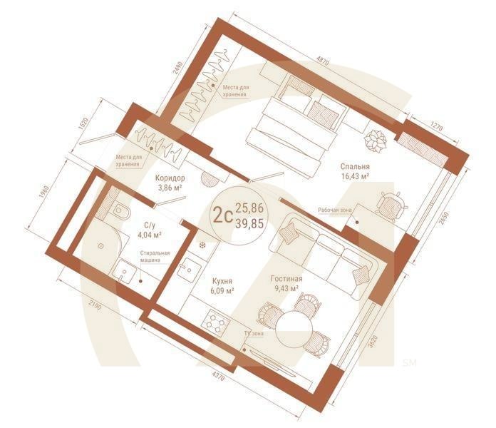 2-комн, 39.85 м², 18-20 этаж