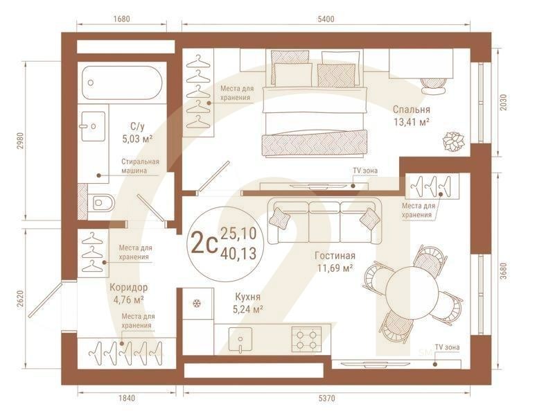 2-комн, 40.13 м², 17-25 этаж