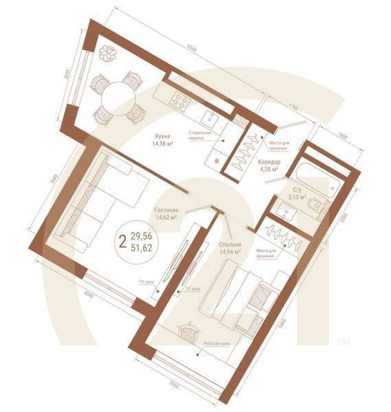 2-комн, 51.62 м², 18 этаж
