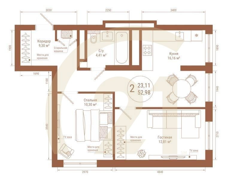 2-комн, 52.98 м², 18-25 этаж